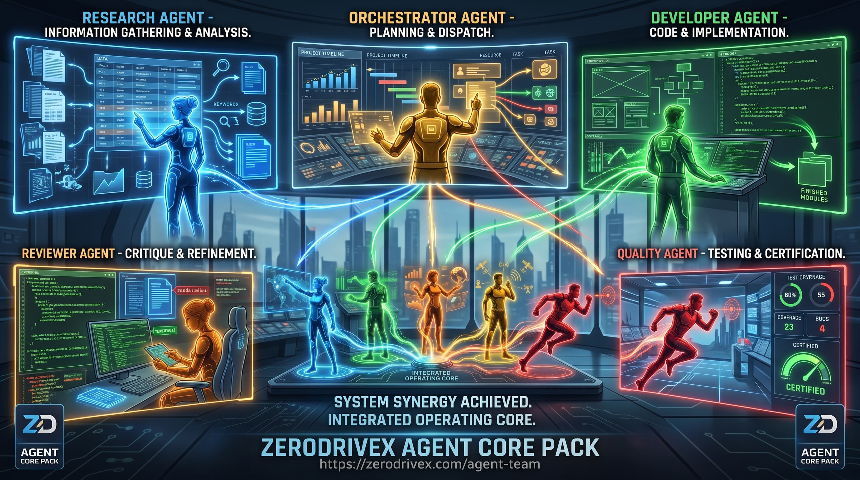 Agent Core Pack concept art showing research, orchestration, development, review, and quality work connected through an integrated operating core.