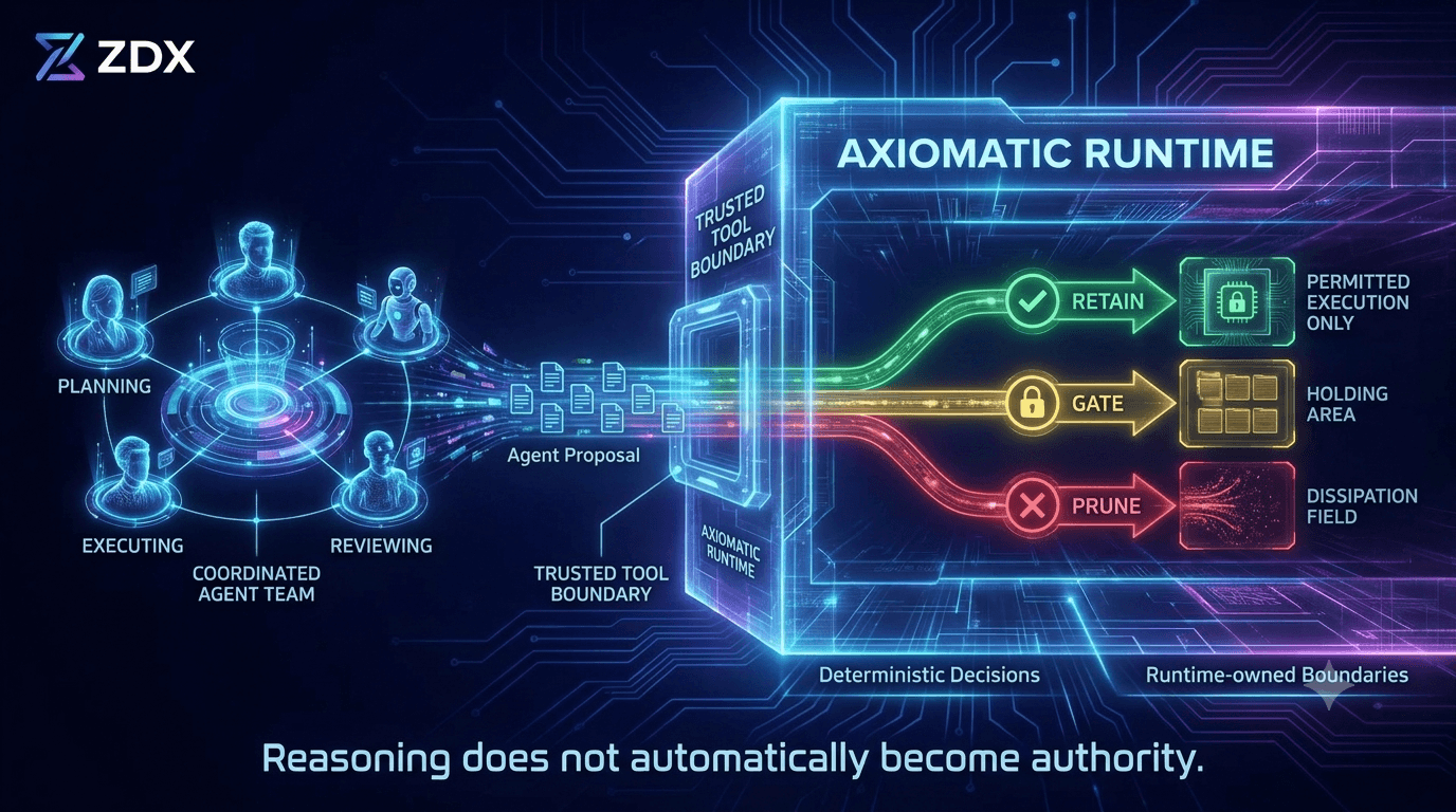 ZDX Agent Team proposals pass through a trusted Axiomatic tool boundary for RETAIN, GATE, or PRUNE decisions.