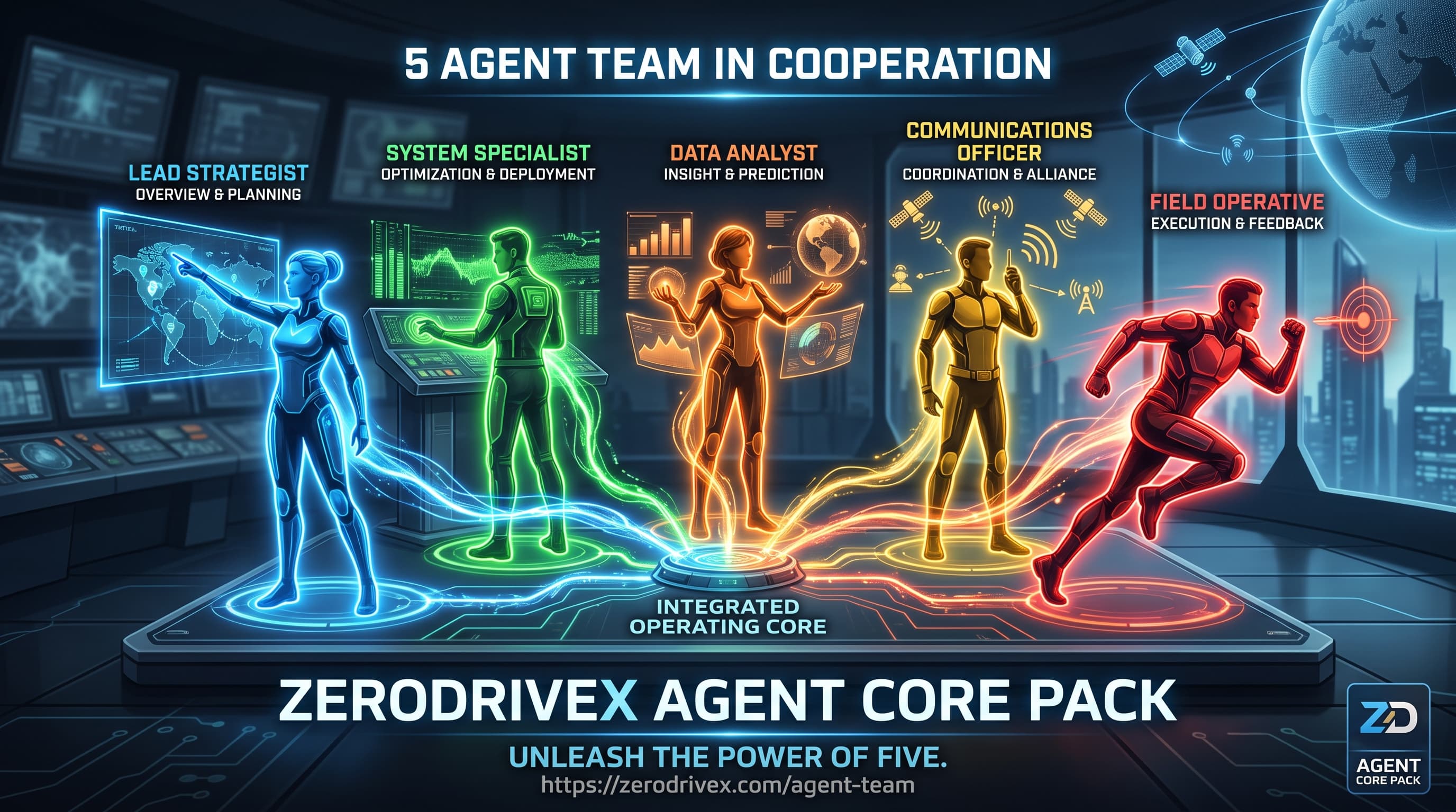 Concept art of five coordinated Agent Core specialists working together through an integrated operating core.