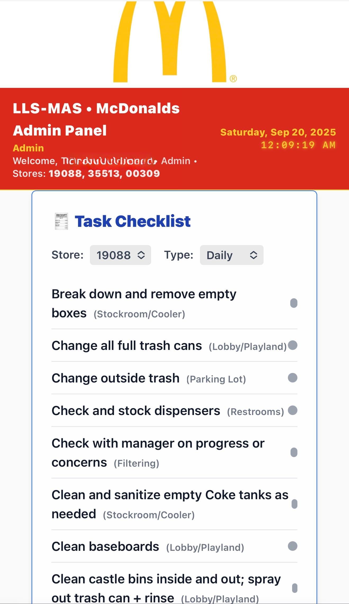 MCDS – Admin Task Checklist per Store